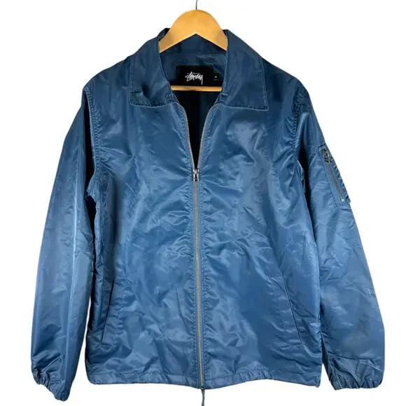 Stussy Blue Satin Full Zip Coaches Jacket Men’s M - Designer Streetwear Skater - Picture 1 of 14